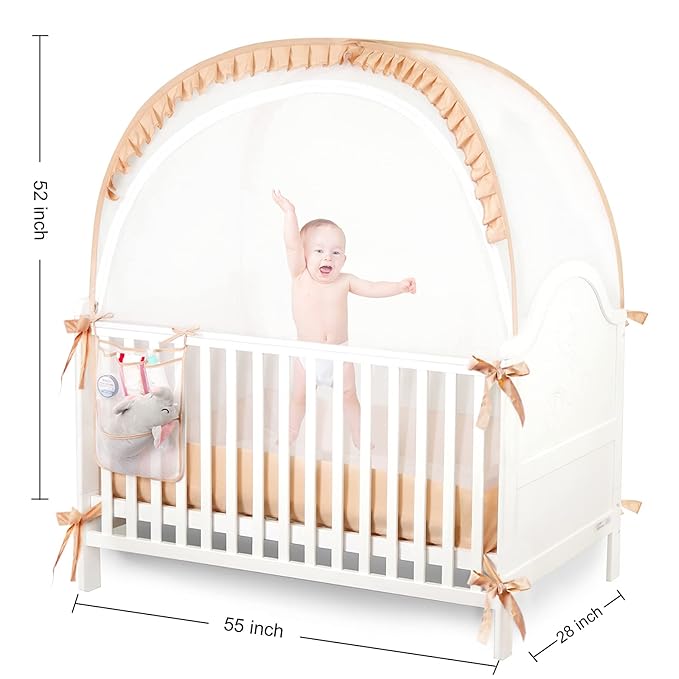 Baby Safety Crib Tent Infant Pop up Mosquito Net Nursery Bed Canopy Netting Cover - Keep Baby from Climbing Out with Hanging Diaper Storage Bag (Beige)-CubbioJoy