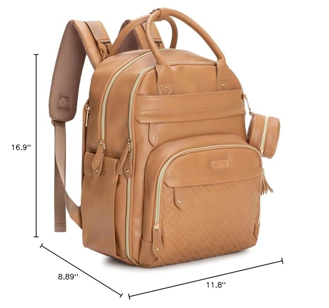 BabbleRoo Leather Diaper Bag Backpack - Baby Essentials Travel Baby Bag, Multi function, Waterproof, with Changing Pad, Stroller Straps & Pacifier Case – Unisex, Light Brown-CubbioJoy