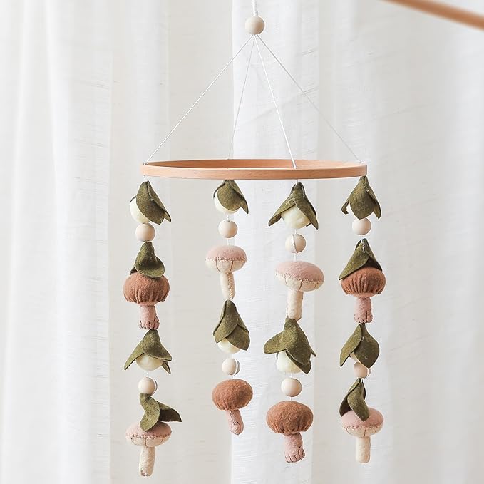 Baby Mobile for Crib,Crib Mobile for Boys Girls, Soft Crib Toys Hanging，Baby Mobile for Bassinet，Boho Nursery Decor Neutral（Mushroom，Leaves,Cotton）-CubbioJoy