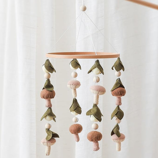 Baby Mobile for Crib,Crib Mobile for Boys Girls, Soft Crib Toys Hanging，Baby Mobile for Bassinet，Boho Nursery Decor Neutral（Mushroom，Leaves,Cotton）-CubbioJoy