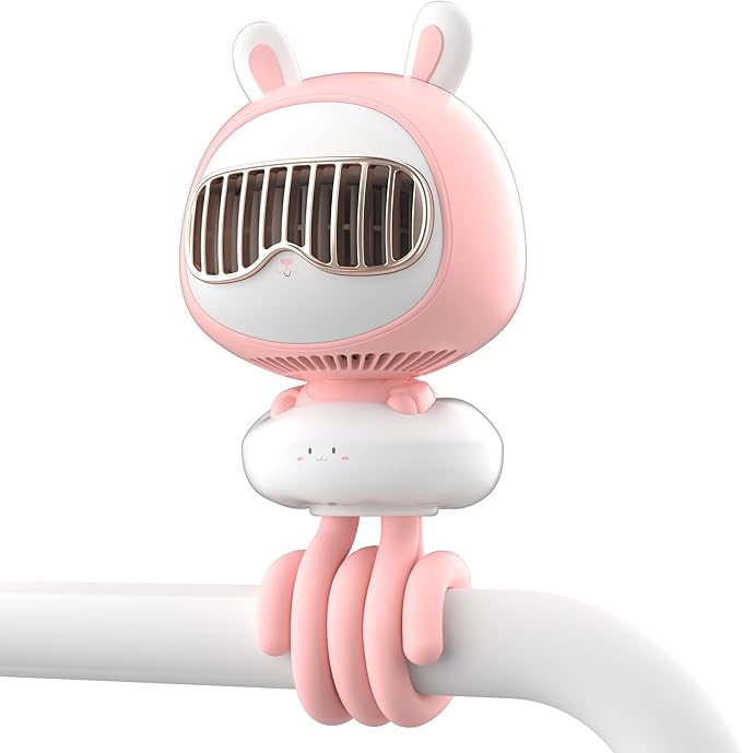 Cute Bunny Stroller Fan Clip On for Baby, Bladeless Fan 4000mAh Rechargeable Battery Operated, Flexible Tripod, 4 Speeds, Auto Oscillating, Small Cooling Fan for Kids-CubbioJoy