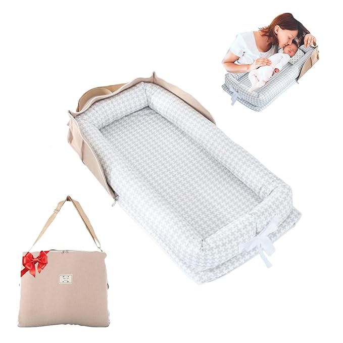 Baby Lounger for Newborn Portable Bag,Baby Nest Play Gym mat with Strap,Newborn Lounger Adjustable Size & Inner Zipper Lengthen Space to 24 Months(Gray Thousand Bird Check)-CubbioJoy