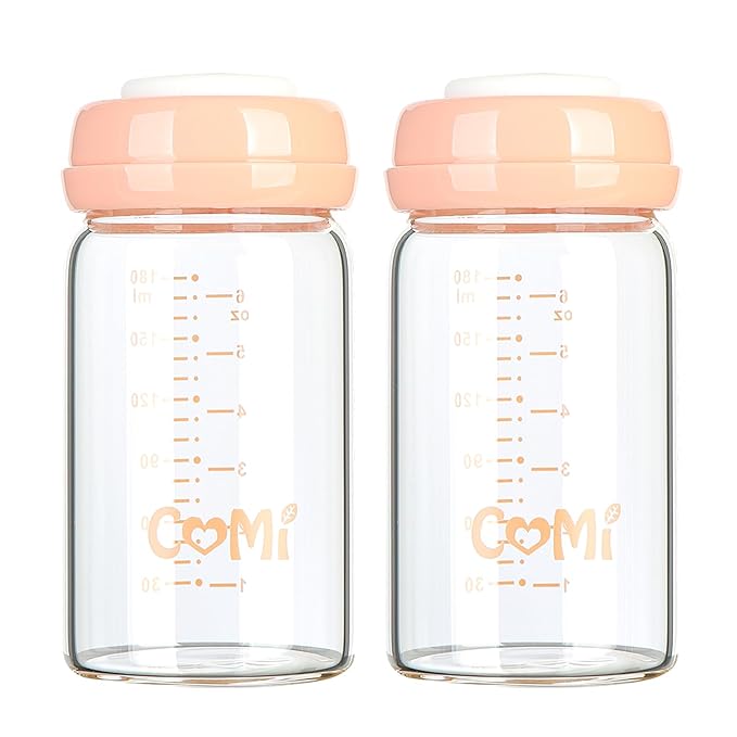 COMI Wide Neck Glass Breastmilk Collection n Storage Bottle, 6oz with Screw Ring Sealing Disk; Re-markable Sealing Disc. BPA Free, Fits Breast Pumps & Nipples (2 Pack Pink Lids)-CubbioJoy