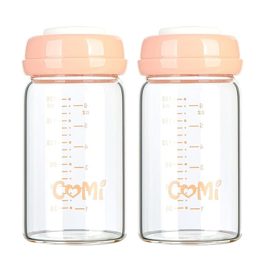 COMI Wide Neck Glass Breastmilk Collection n Storage Bottle, 6oz with Screw Ring Sealing Disk; Re-markable Sealing Disc. BPA Free, Fits Breast Pumps & Nipples (2 Pack Pink Lids)-CubbioJoy