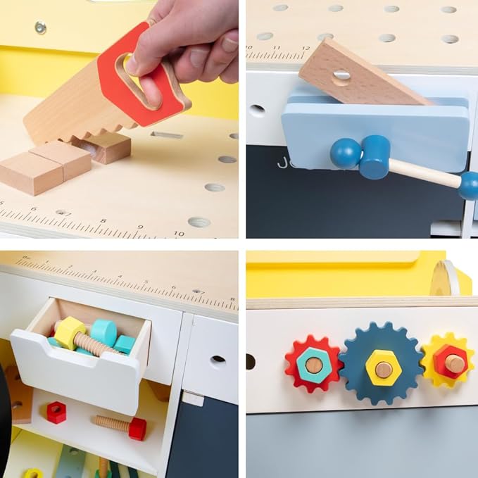 Construction Truck Wooden Playset w 60+ Toy Pieces- Pretend Hammer Saw Bolts & Screws- Spinning Turn Saw, Steering Wheel, Wood to Pull Apart- Dual Sided Play Stand Center, Workbench Building Kids Gift-CubbioJoy