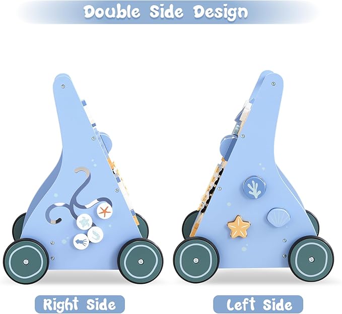 Beright Wooden Baby Walker Push and Pull Learning Activity Walker with Wheels Montessori Walker Toy Multiple Activities Center Develops Motor Skills & Stimulates Creativity (Blue)-CubbioJoy