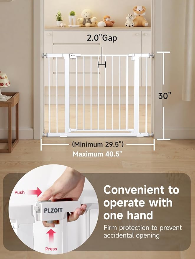 29.5-40.5" Baby Gate for Stairs, Dog Gate for Doorways, Walk Thru Auto Close Metal Baby Safety Gate for The House, Stairs and Doorways, Child Gate Pressure Mounted, Pet Gate for Dog Indoor - White-CubbioJoy