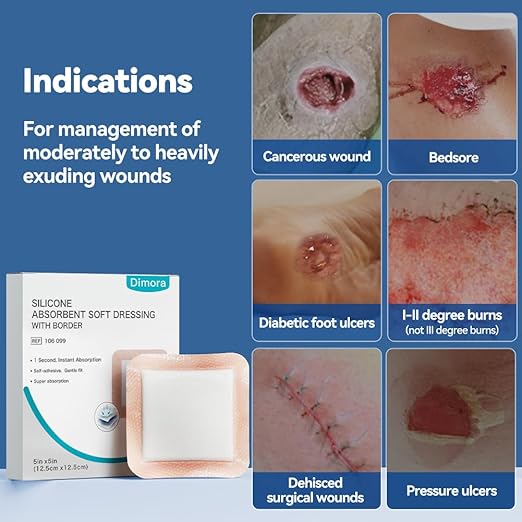 Dimora Silicone Super Absorbent Wound Dressings - Gentle Adhesive Bandages with Ultrasorb Polymer,Heavy Exudate Wound Care Pads 5"X 5" 10 Packs-CubbioJoy