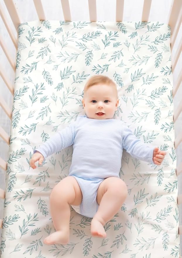 4 Pack Sage Green Fitted Nursery Sheets Breathable Neutral Unisex Baby Sheets for Boys or Girls with Leaf and Flower Design Standard Crib Sheet (Green, Crib Sheet)-CubbioJoy