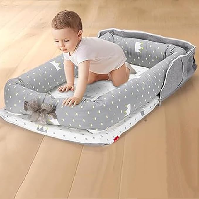 Baby Lounger for Newborn Portable Bag,Baby Lounger Play Mat for Awake-Time,Newborn Babies Essentials Gifts 0-24 Months Home Travel(Crown Grey)-CubbioJoy