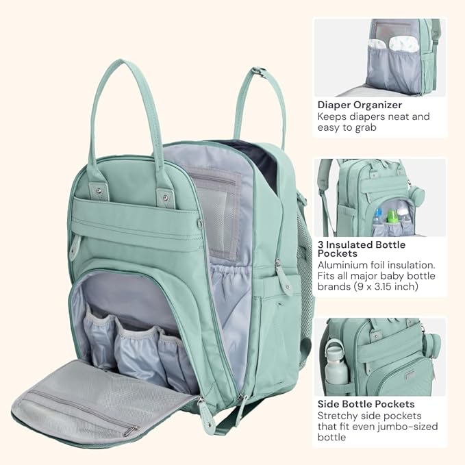 BabbleRoo Diaper Bag Backpack - Baby Essentials Travel Bag - Multi Function Waterproof Diaper Bag, Travel Essentials Baby Bag with Changing Pad, Stroller Straps & Pacifier Case – Unisex, Sage Green-CubbioJoy