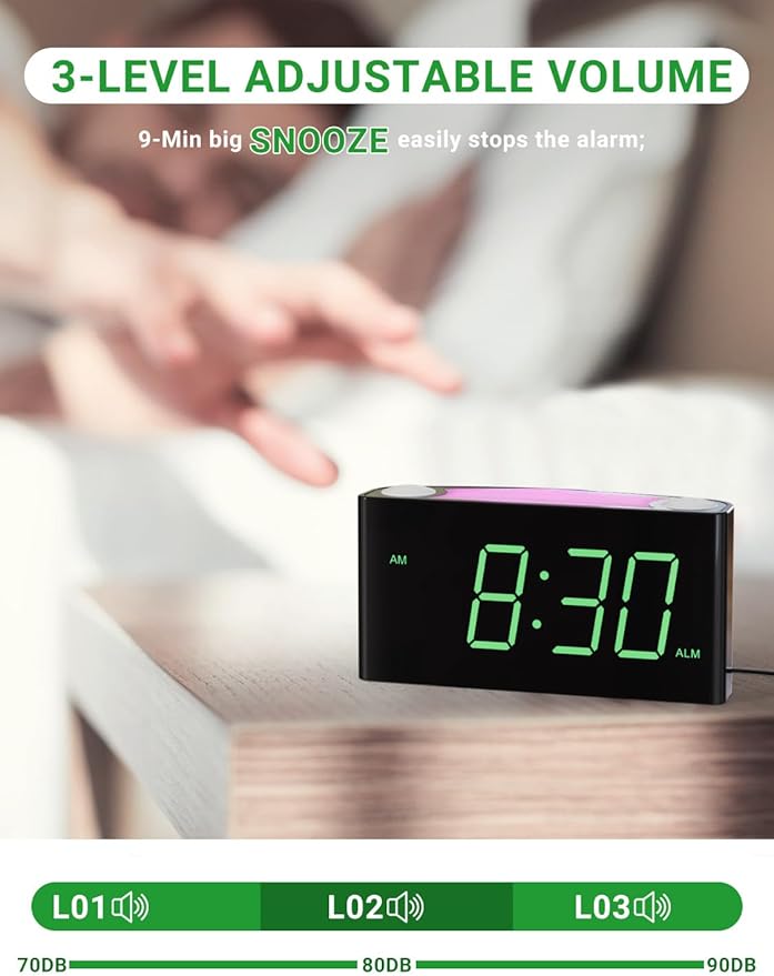 Alarm Clock for Bedroom, 7.5" Large Display LED Digital Clock with 7 Color Night Light,USB Phone Charger,Dimmer,Battery Backup,Easy to Set Loud Bedside Clock for Heavy Sleepers Adult Teen Kid Boy Girl-CubbioJoy