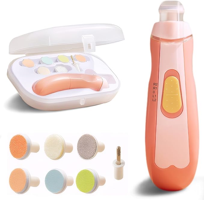 Baby Nail Trimmer Electric | Safe + Easy Baby Nail Trimmer, Baby Nail Clippers + Nail Filer Buffer, Trim Polish Grooming kits for Newborn Toddler or Adults’ Nails, 7 Grinding Heads and LED Light-CubbioJoy