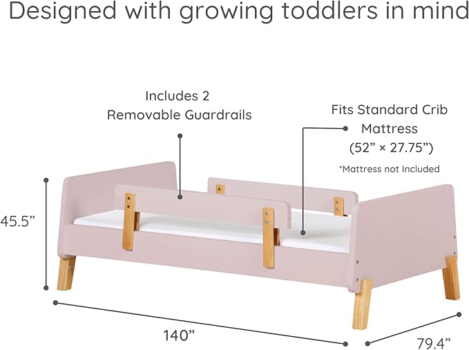 dadada Muse Toddler Bed with 2 Removable Safety Rails. Low Profile Montessori Bed for Kids. Sturdy Solid Wood Frame, Fits Standard Crib Mattress, Easy to Assemble, Toddler Bed for Girls & Boys - Pink-CubbioJoy