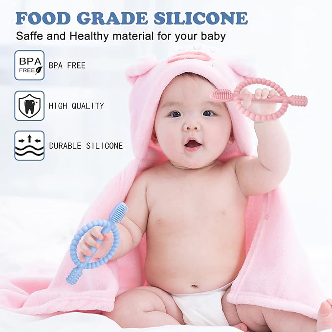 Baby Teething Toys with Easy-Hold Handle, Silicone Infant Toothbrush, Textured On Both Sides Helps Massage, Soothe Sore Gums, Teething Toys for Babies 0-6 Months, 6-12 Months-CubbioJoy