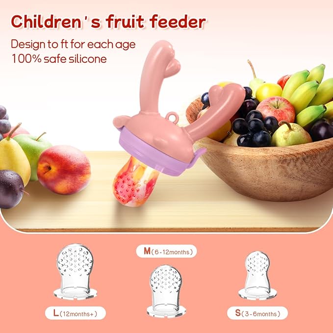 Baby Fruit Food Feeder - Silicone Nibble Tray Combo - Breastmilk Popsicle Mold for Cooling Relief, BPA Free Mesh Feeder for Infant Self Feeding (Antler Pink + Pineapple)-CubbioJoy