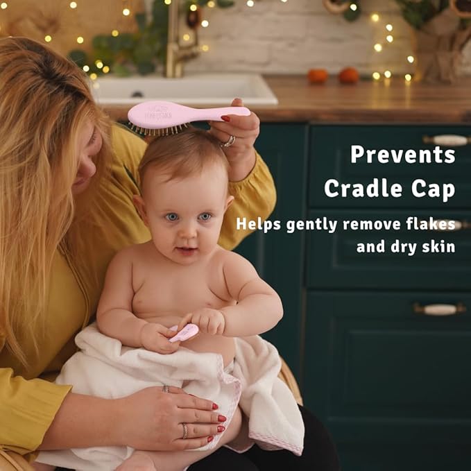 Baby Hair Brush Set for Newborns - Baby Brush and Comb Set - Ultra Soft Goat Hair Bristles, Perfect for Cradle Cap, Newborn Showers & Registries Gift, Comb Brush for Girls & Boys (Rosa)-CubbioJoy