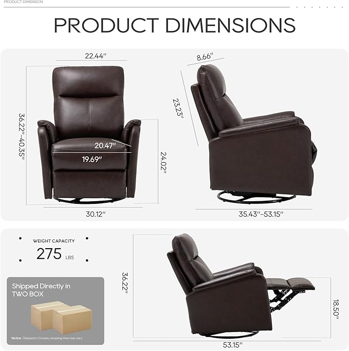 COLAMY Leather Swivel Recliner Chair with Footrest, Rocker Recliner Chair High Back with Double-Layer Cushion, Glider Recliner for Nursery & Living Room, Bedroom, Chocolate-CubbioJoy