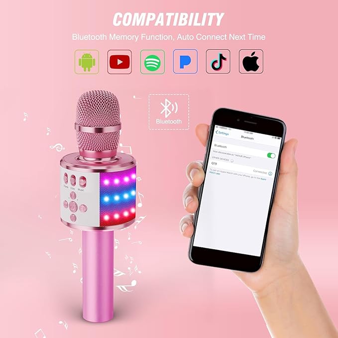 BONAOK Karaoke Microphone for Kids & Adults - Bluetooth Microphones Singing Mic with Disco Lights, Echo Effect, Built-in Speaker Portable Karaoke Player for Party Travel Gifts Q78(Light Pink)-CubbioJoy