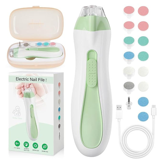 Baby Nail Trimmer Electric, 15 in 1 Baby Nail Clippers for Gentle Nail Care, Rechargeable Baby Nail File Electric with Light &15 Grinding Pads for Infant Toddler, Green-CubbioJoy