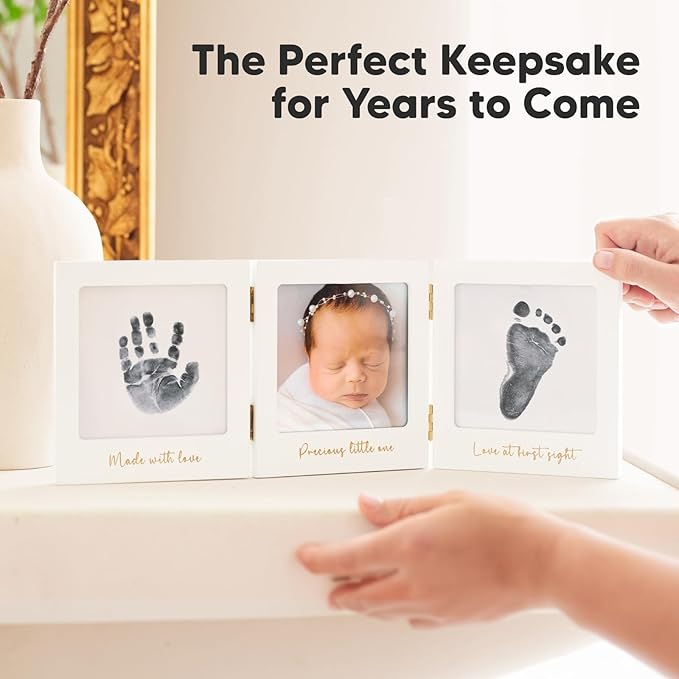 Inkless Baby Handprint and Footprint Kit for Newborn - Baby Footprint Kit,Newborn Keepsake Nursery Picture Frame,Dog Paw Print Maker,Personalized Gifts for New Mom,Showers & Registry(White/Gold)-CubbioJoy