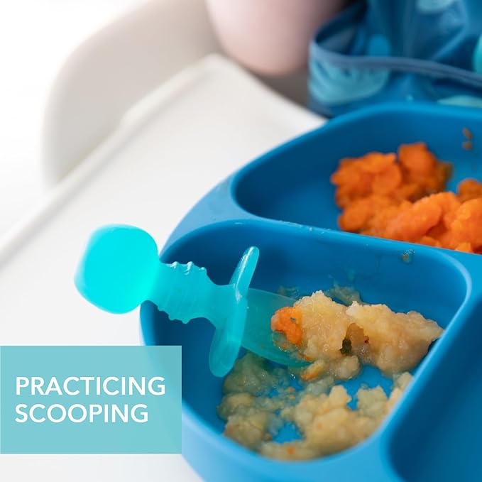 Bumkins Baby Utensils Set, Chewtensils Silicone Spoons for Dipping, Self-Feeding, Baby Led Weaning, Trainer Learning, First Stage Eating, Soft Practice Fork and Spoon, Babies 6 Months, Blue Jelly-CubbioJoy