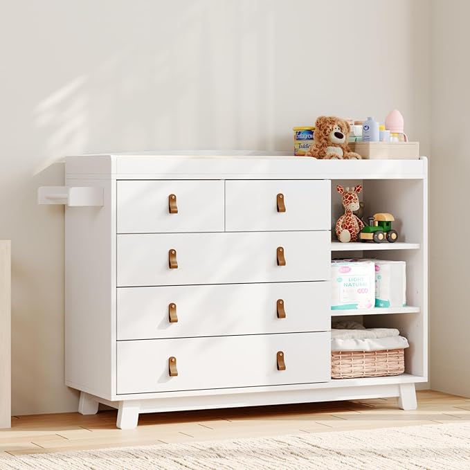 Baby Dresser with Changing Table Top, Baby Changing Table Dresser with 5 Drawers and Adjustable Shelves, Multi-Functional Diaper Changing Station, Nursery Organizer for Kids Bedroom, White-CubbioJoy