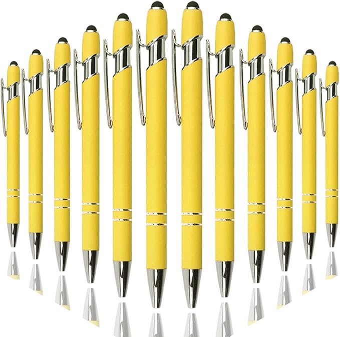 Ballpoint Pen with Stylus Tip, Soft Touch Click Metal Pen, 1.0mm Medium Point, Black Ink, 12 Count(Yellow)-CubbioJoy