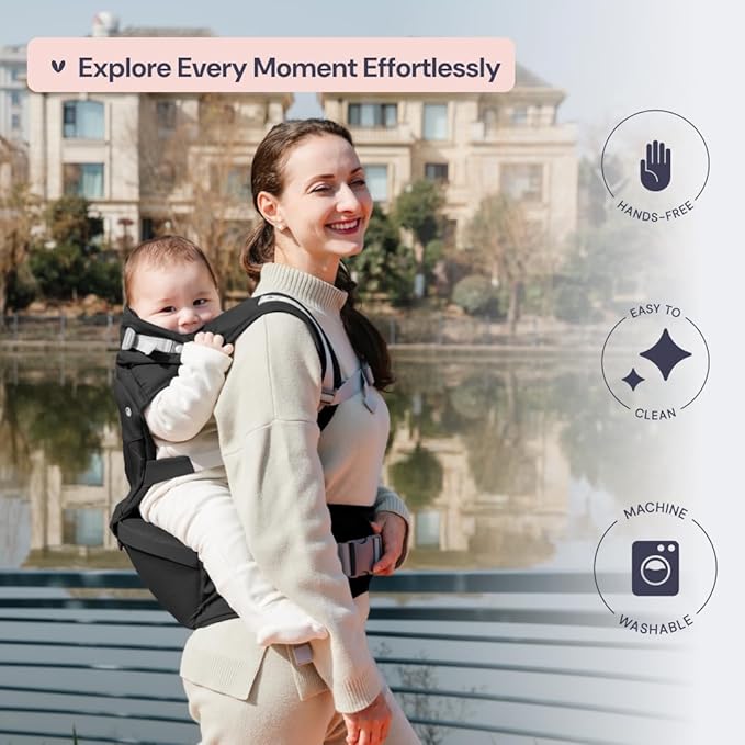 BabbleRoo Grow Carrier – Safety-Certified 6-in-1 Baby Carrier with Hip Seat, Ergonomic & Adjustable Toddler Carrier 7-50 lbs with Hip Support, Hood for Sun Protection, Newborn to Toddler, Black-CubbioJoy