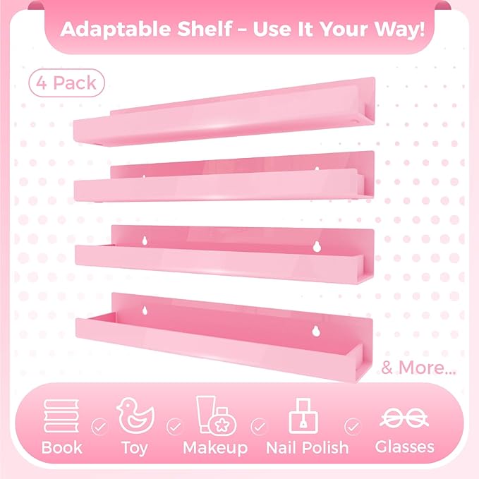 4 Pack 15 Inch Pink Acrylic Shelves, Kids Floating Bookshelf for Kids Room, Modern Nail Polish Rack Sunglasses Essential Oil Picture Ledge Display Toy Storage Wall Shelf-CubbioJoy