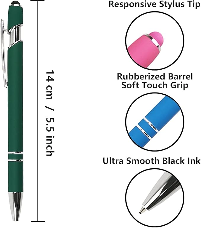 Ballpoint Pen with Stylus Tip, Soft Touch Click Metal Pen, 1.0mm Medium Point, Black Ink, 12 Count(Dark Green)-CubbioJoy