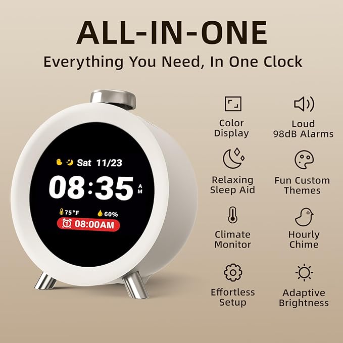 Dekala ChronoSense Alarm Clock for Bedroom Temperature Humidity, 7-Day Programmable 4 Alarms, 100dB Loud Gradual Alarm Clock Heavy Sleeper, IPS Screen Animation, Hourly Chime-CubbioJoy