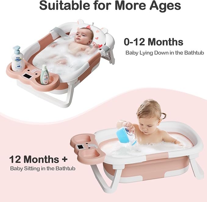 Collapsible Baby Bathtub,Baby Bath Tub with Soft Cushion & Thermometer,Baby Bathtub Newborn to Toddler 0-36 Months,Portable Travel Baby Tub-CubbioJoy