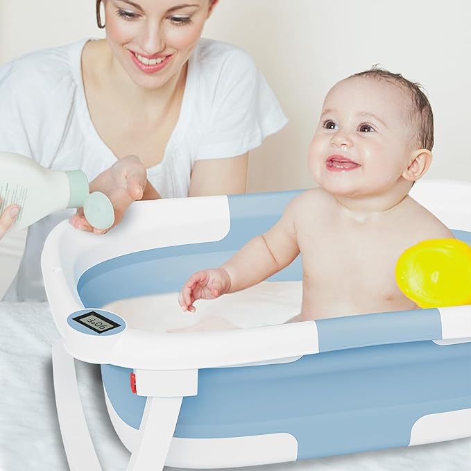Collapsible Baby Bathtub,Baby Bath Tub with Soft Cushion & Thermometer,Baby Bathtub Newborn to Toddler 0-36 Months,Portable Travel Baby Tub-CubbioJoy