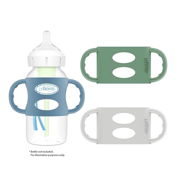 Dr. Brown's Wide-Neck Baby Bottle Handles, 100% Silicone, Easy Grip Removable Handles for Bottle to Sippy Cup Transition, Blue/Gray/Green, 3-Pack, 4m+-CubbioJoy