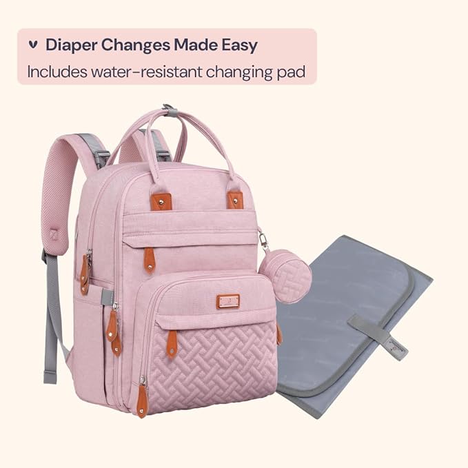 BabbleRoo Diaper Bag Backpack - Baby Essentials Travel Tote - Multi function Water Resistant Diaper Bag, Travel Essentials Baby Bag with Changing Pad, Stroller Straps & Pacifier Case - Unisex, Pink-CubbioJoy