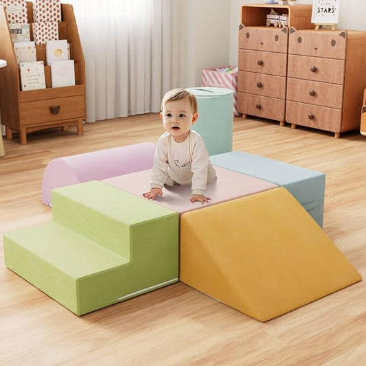6 Piece Foam Climbing Blocks for Toddlers, Baby Climbing Gym with Ultra High Density Foam for Crawling and Sliding, Indoor Soft Play Set for Infant, Babies & Kids (Multicolor A, 6-Piece)-CubbioJoy
