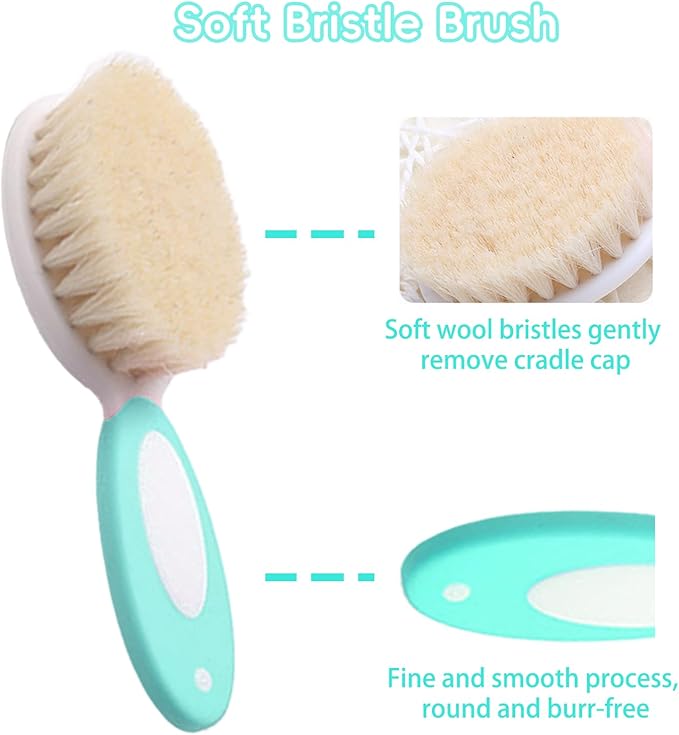 Baby Hair Brush and Comb Set, 4Pcs Baby Soft Bristles Hairbrush Cradle Cap Brush Hair Comb for Newborns Toddlers Boys Girls (Green)-CubbioJoy
