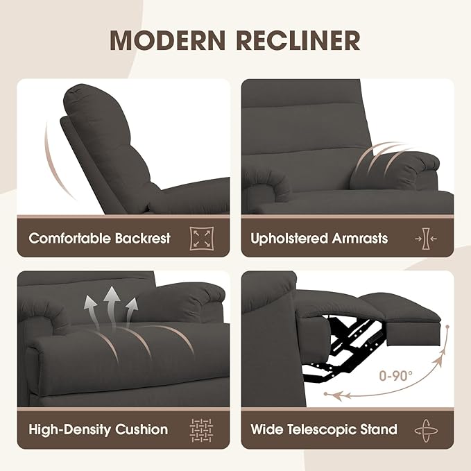 Dark Grey Glider Rocker Recliner,Swivel Rocking Recliner Chair,Glider Rocking Chair,Reclining Sofa Rocking Chair Nursery,23 Inches Deep Seat & 27 inches High Back,for Living Room-CubbioJoy