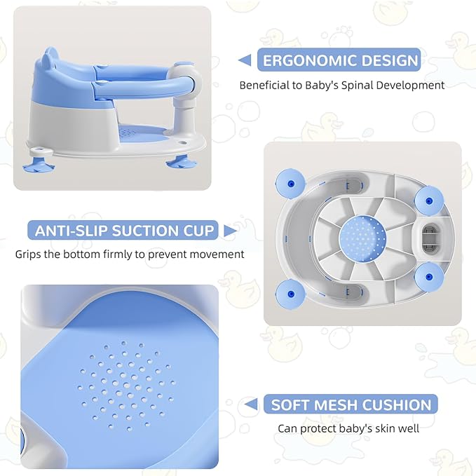 Baby Bath Seat for Babies 6 Months & up, Non-Slip Toddler Bath Seats for Babies Sitting Up, Safe Infant & Newborn Bathtub Chair with 4 Suction Cups & Soft Cushion for Shower,Blue-CubbioJoy