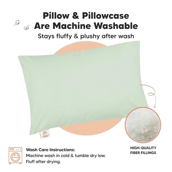 KeaBabies Toddler Pillow with Pillowcase, Jumbo 14X20 - Soft Organic Cotton Toddler Pillows for Sleeping - Machine Washable - Perfect for Travel, Toddler Bed Set (Sage)-CubbioJoy