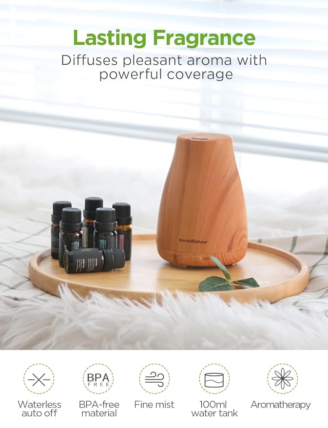 InnoGear Essential Oil Diffuser with Oils, 100ml Aromatherapy Diffuser with 6 Essential Oils Set, Aroma Cool Mist Humidifier Gift Set, Yellow Wood Grain-CubbioJoy