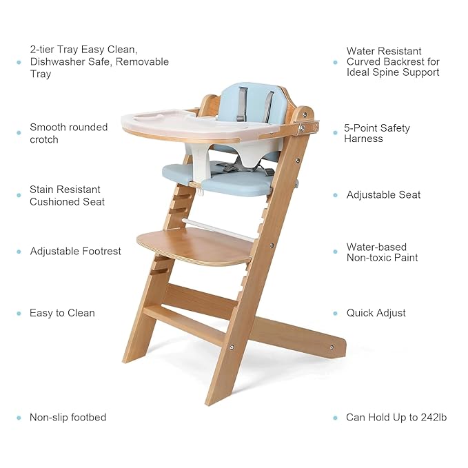 Cowiewie Natural Wooden High Chair for Babies & Toddlers 3-Tier Remove & Adjustable Tray, 8 Adjustable Highchair with Cushions, Portable (Blue)-CubbioJoy