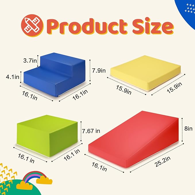 4-Piece PU Leather Baby Foam Climbing Blocks for Toddlers - Soft Play Climbing Toys for Toddlers - Foam Climbing Set for Crawling and Sliding Indoor (Red Yellow Blue)-CubbioJoy