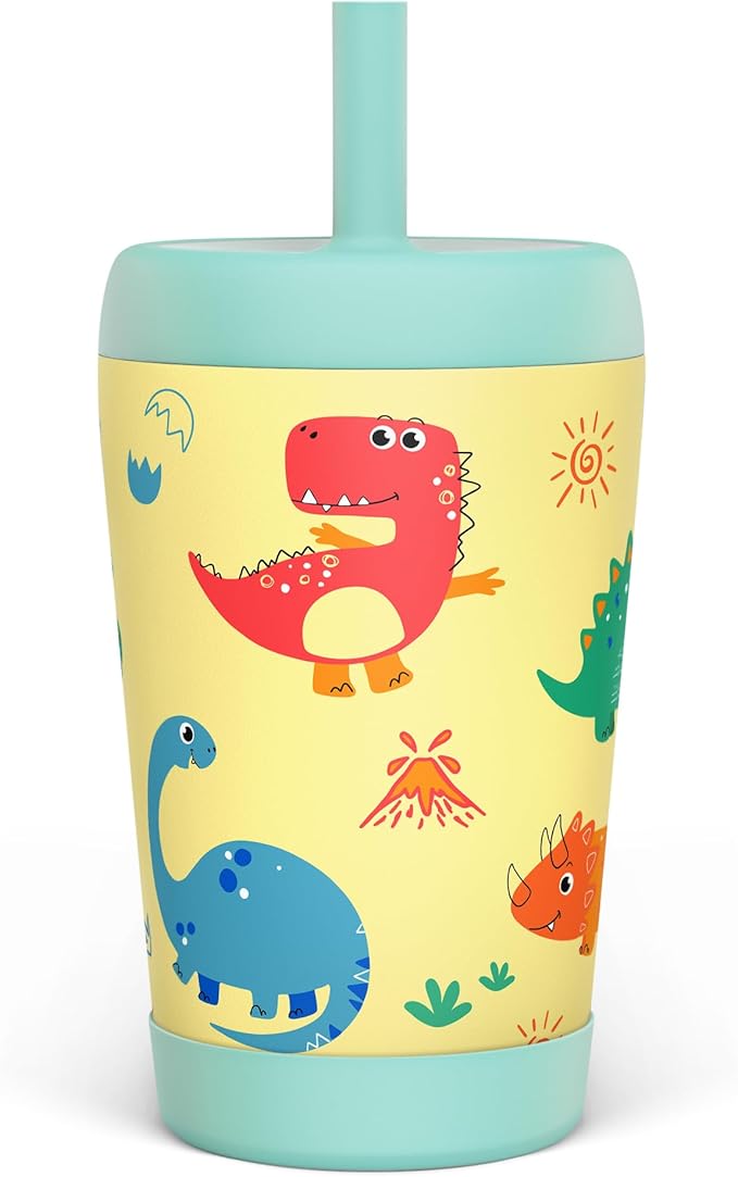 Kid Insulated Stainless Steel Tumbler with Silicone Straw, 12oz Sippy Cup for Kids (Playful Dinosaurs)-CubbioJoy