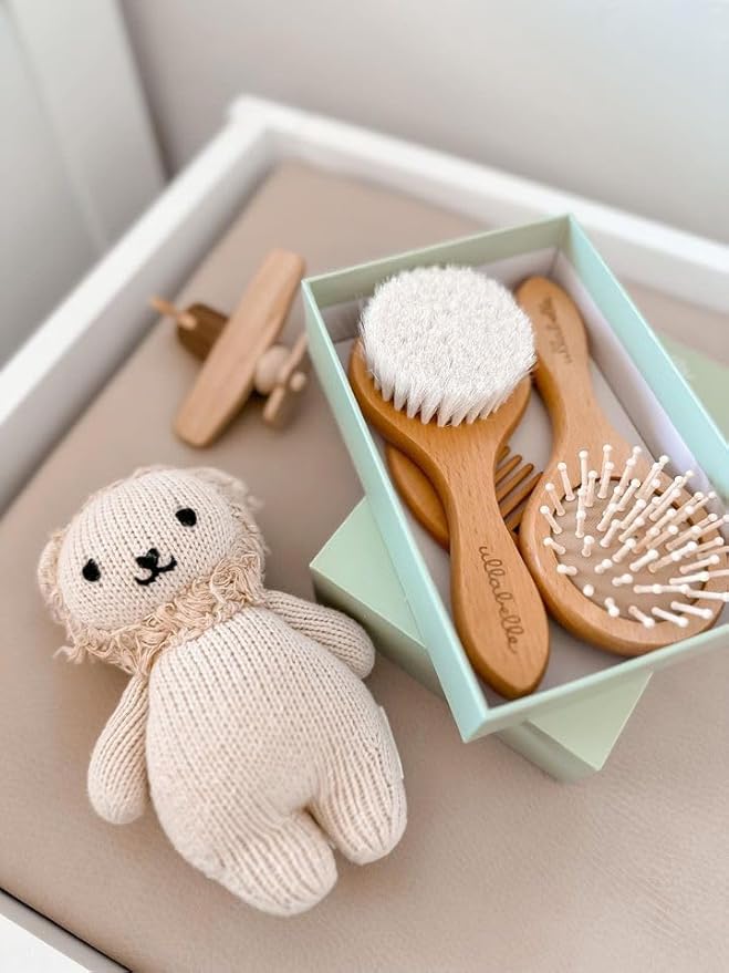 3 Piece Wooden Baby Hair Brush and Comb Set for Newborns & Toddlers in Chic Gift Box - Ultra Soft Natural Goat Hair and Wood Baby Brush Set Prevents Cradle Cap - Perfect Registry Gift (Sage)-CubbioJoy