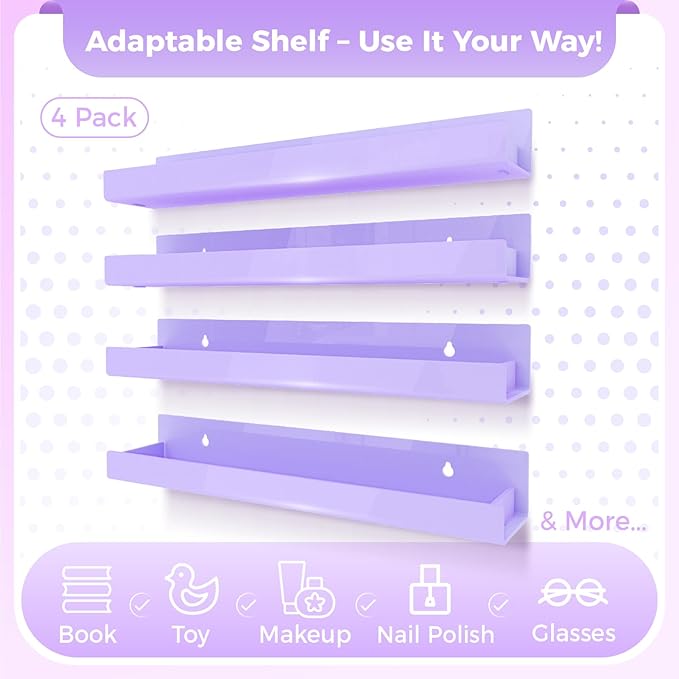 4 Pack 15 Inch Purple Acrylic Shelves, Kids Floating Bookshelf for Kids Room, Modern Nail Polish Rack Sunglasses Essential Oil Picture Ledge Display Toy Storage Wall Shelf-CubbioJoy