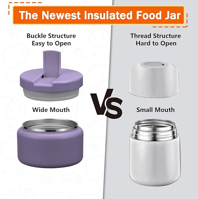 13.5oz Kids Thermos for Hot Food, Insulated Vacuum Food Jar with Buckle Lid, Stainless Steel Wide Mouth Leak Proof Insulated Lunch Container for School Picnic Travel,Purple-CubbioJoy
