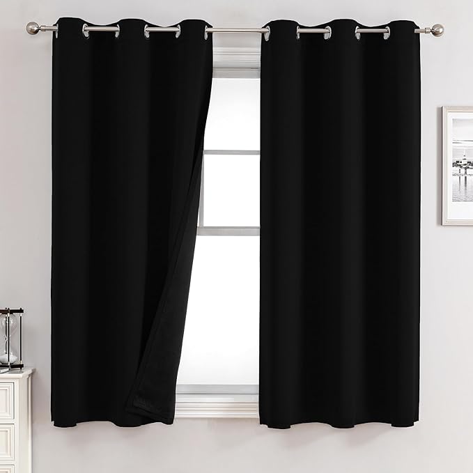 ChrisDowa 100% Blackout Curtains 63 inch Long for Bedroom with Black Liner, 2 Thick Layers Total Blackout Thermal Insulated Grommet Window Curtains 2 Panels Set (Black, 38 x 63 Inch)-CubbioJoy