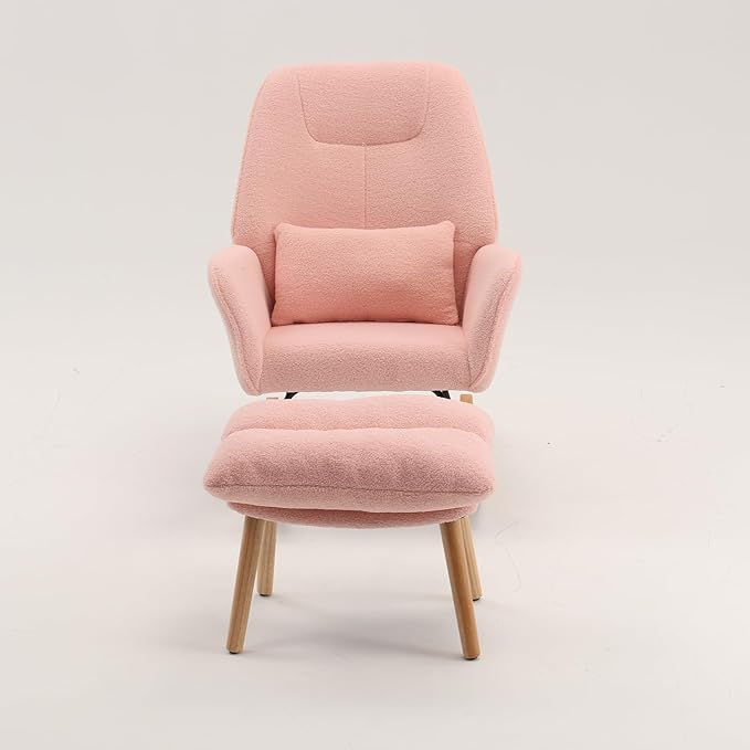 Boucle Rocking Chair with Ottoman and Pillow, Sherpa Furry Accent Arm Chair Lounger, Teddy Fabric Glider Rocker Chair for Living Room/Bedroom/Nursery, High Back, Pink-CubbioJoy
